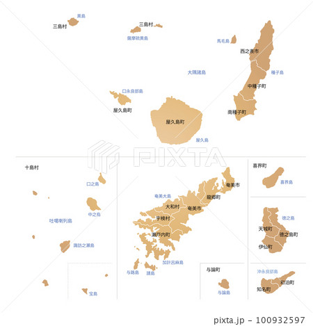 鹿児島県の離島と市町村地図 鹿児島県の離島と市町村地図 100932597