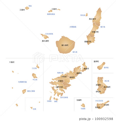 鹿児島県の離島と市町村地図 100932598