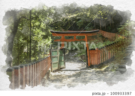 水彩画風 新宮 神倉神社 鳥居 和歌山県新宮市のイラスト素材