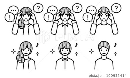 頭を抱えて困っている人と解決してハッピーな人のセット 100933414