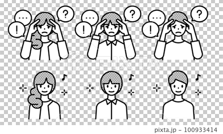 頭を抱えて困っている人と解決してハッピーな人のセット 100933414