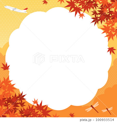 秋の紅葉と飛行機、赤とんぼの飛ぶ風景　フレーム・背景素材（正方形） 100933514