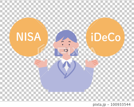 NISAとiDeCoの案内をする女性のイラスト NISAとiDeCoの案内をする女性のイラスト 100933544