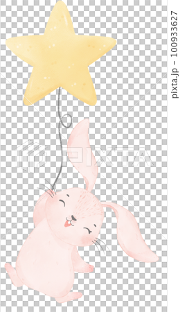 Adorable whimsical sweet happy baby pink bunny rabbit holding a star balloon children nursery watercolor hand painting 100933627