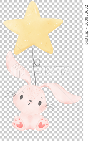 Adorable whimsical sweet happy baby pink bunny rabbit holding a star balloon children nursery watercolor hand painting Adorable whimsical sweet happy baby pink bunny rabbit holding a star balloon children nursery watercolor hand painting 100933632