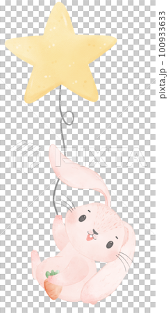 Adorable whimsical sweet happy baby pink bunny rabbit holding a star balloon children nursery watercolor hand painting Adorable whimsical sweet happy baby pink bunny rabbit holding a star balloon children nursery watercolor hand painting 100933633