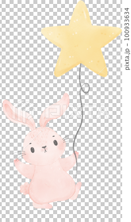 Adorable whimsical sweet happy baby pink bunny rabbit holding a star balloon children nursery watercolor hand painting 100933634