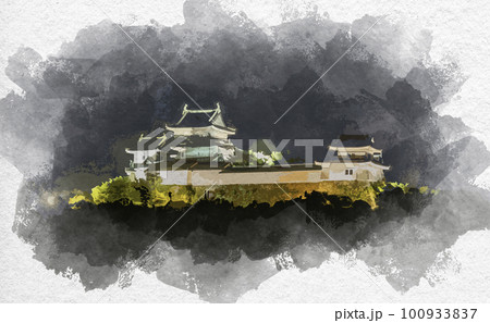 水彩画風 和歌山城 ライトアップ 和歌山県和歌山市のイラスト素材
