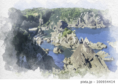 水彩画風　串本　海金剛　和歌山県串本町 100934414