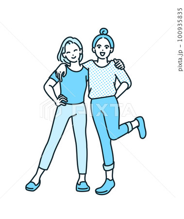 仲良し二人組。肩を組み微笑む女性。シンプルなベクターイラスト素材。 仲良し二人組。肩を組み微笑む女性。シンプルなベクターイラスト素材。 100935835