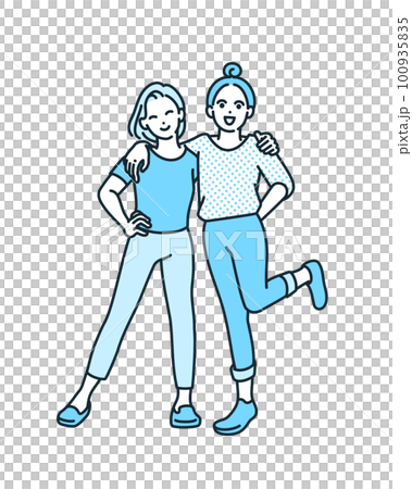 仲良し二人組。肩を組み微笑む女性。シンプルなベクターイラスト素材。 仲良し二人組。肩を組み微笑む女性。シンプルなベクターイラスト素材。 100935835