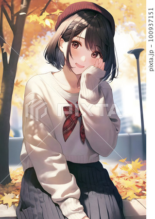 紅葉を背景にした若い女性 アニメ風イラスト「AI生成画像」のイラスト