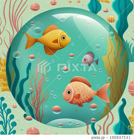 優しい色彩の赤と黄色の魚が泳ぐ水中　子供向けイラスト　アクアリウム 100937531