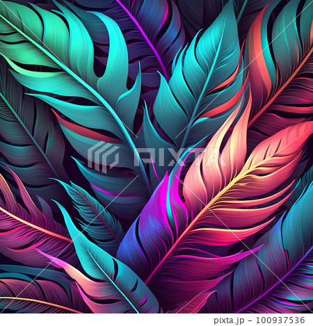 カラフルなネオンカラーのたくさんの綺麗な羽の模様の背景 100937536