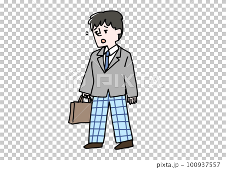 Illustration of a man half asleep wearing his pajamas under his suit, unable to wake up in the morning Illustration of a man half asleep wearing his pajamas under his suit, unable to wake up in the morning 100937557