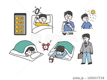 朝起きることができない男性のイラストセット 朝起きることができない男性のイラストセット 100937558