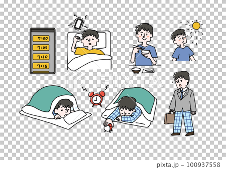 朝起きることができない男性のイラストセット 朝起きることができない男性のイラストセット 100937558