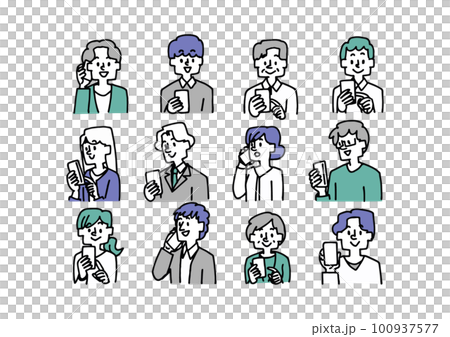 Icon set of people holding smartphones of various ages and genders 100937577