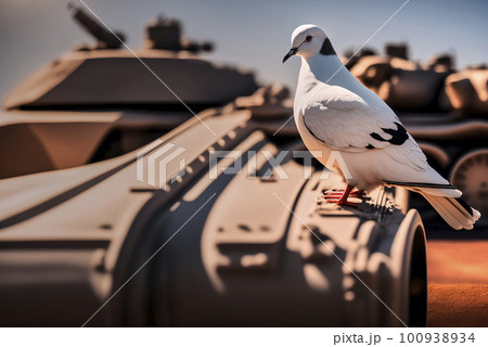 A white dove sits on a tank that can be seen out of focus in the background, warscene, made with generative ai 100938934