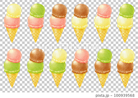 ダブルのアイスクリームの色鉛筆画ワンポイントセットのイラスト素材