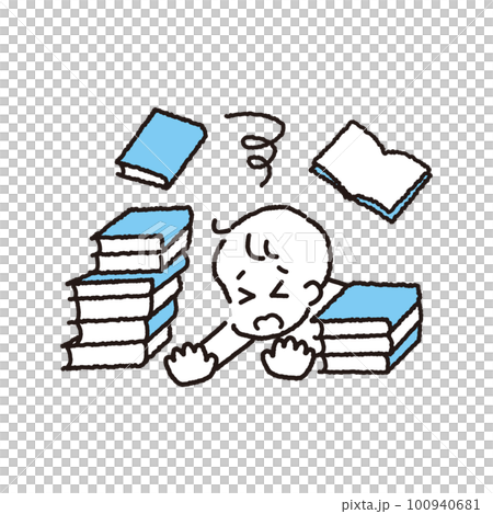 A man who is buried in a pile of books and is disgusted 100940681