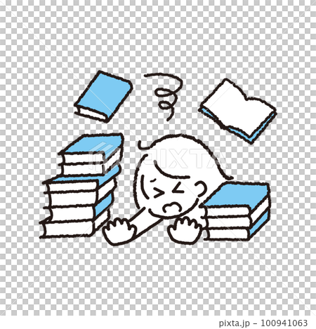 A woman who is disgusted by being buried in a pile of books 100941063
