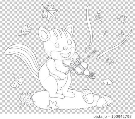 芸術の秋にバイオリンを弾くリスの塗り絵 100941792