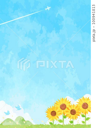 綺麗な夏の青空とヒマワリ畑の風景イラスト 綺麗な夏の青空とヒマワリ畑の風景イラスト 100941813