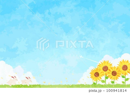 可愛いウサギとヒマワリ畑と青空の風景イラスト 可愛いウサギとヒマワリ畑と青空の風景イラスト 100941814