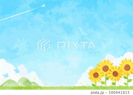 綺麗な青空とヒマワリ畑の風景イラスト 100941815
