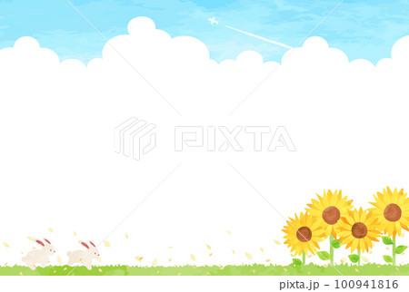 手描きの可愛いウサギとヒマワリ畑の風景イラスト 100941816