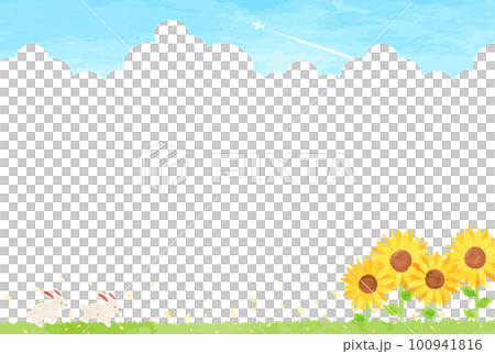 手描きの可愛いウサギとヒマワリ畑の風景イラスト 100941816