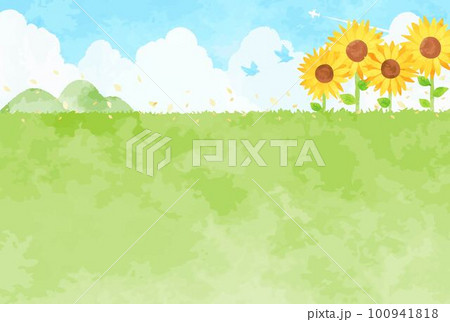 爽やかな青空とヒマワリ畑と草原の風景イラスト 爽やかな青空とヒマワリ畑と草原の風景イラスト 100941818