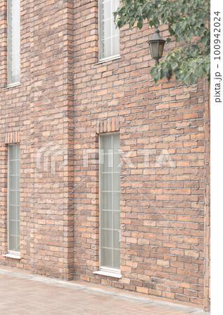 窓のあるレンガの壁とツタ 100942024