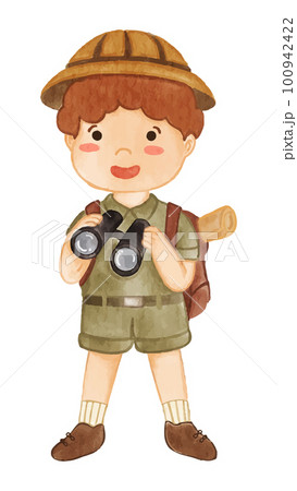 Boy scout with hiking suit look through binoculars . Realistic watercolor paint with paper textured . Cartoon character design . Vector . Boy scout with hiking suit look through binoculars . Realistic watercolor paint with paper textured . Cartoon character design . Vector . 100942422