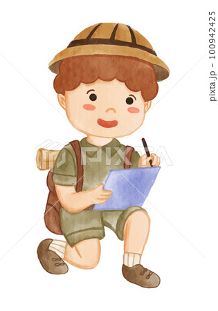 Boy scout with hiking suit is take note on paper . Realistic watercolor paint with paper textured . Cartoon character design . Vector . 100942425
