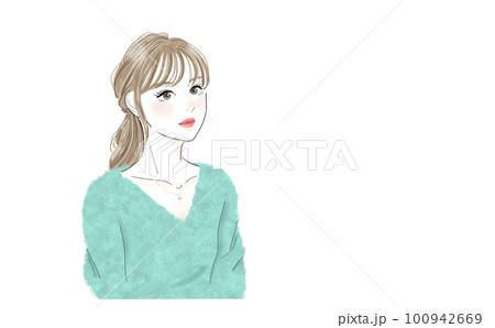 ポニーテールの可愛らしい清楚な女性（横位置）のイラスト素材 