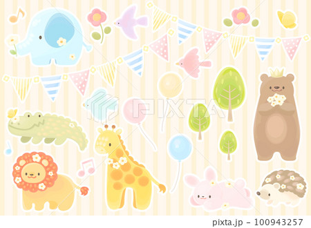 かわいい動物のイラスト素材セット　白フチ 100943257