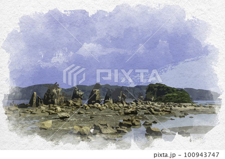 水彩画風　串本　橋杭岩　和歌山県串本町 100943747