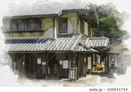 水彩画風　熊野　花の窟神社　お綱茶屋　三重県熊野市 100943754