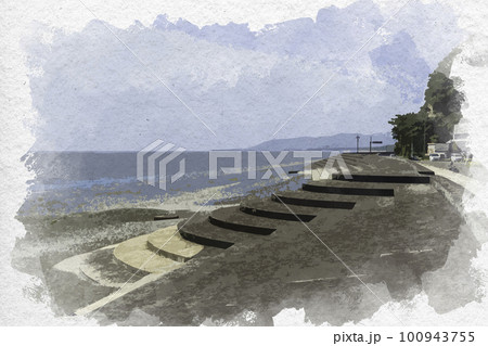 水彩画風　熊野　七里御浜　三重県熊野市 100943755