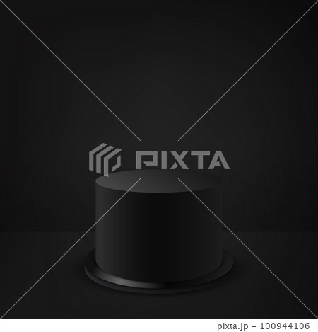Realistic black studio, black round cylindrical podium on a black round shiny stand. Stage for display or promotion of goods. Realistic black studio, black round cylindrical podium on a black round shiny stand. Stage for display or promotion of goods. 100944106