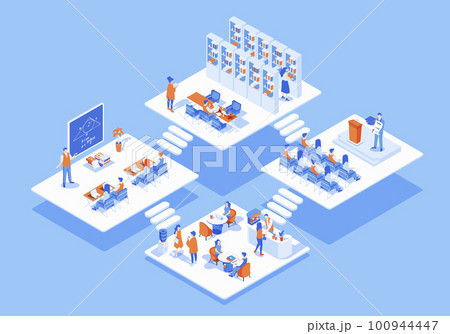 University concept 3d isometric web scene with infographic. Students learning at auditorium and conference room, people sit in cafeteria and library. Illustration in isometry graphic design University concept 3d isometric web scene with infographic. Students learning at auditorium and conference room, people sit in cafeteria and library. Illustration in isometry graphic design 100944447