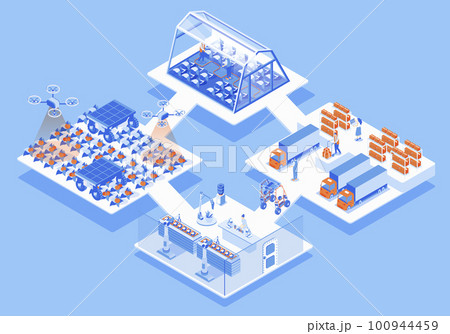 Modern agricultural concept 3d isometric web scene with infographic. People work at smart farm, research in laboratory, farming and export products. Illustration in isometry graphic design 100944459