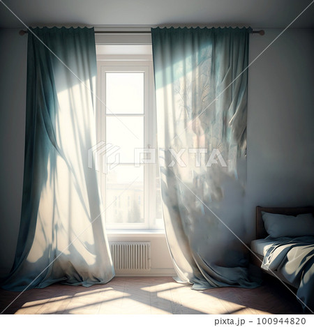 ベッドがある明るい陽射しが差し込む部屋の窓際と風にあおられて揺れる白いカーテン　目覚めた直後の風景 100944820