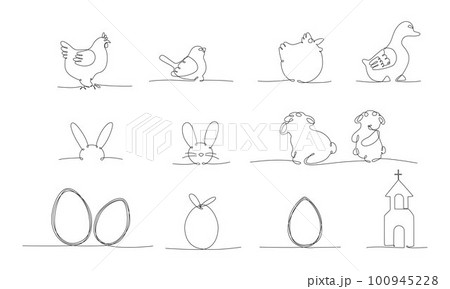 Easter continues one line pack. Vector stock illustration set isolated on white background for design template egg hunt, invitation, greeting card, menu. Editable stroke single line. EPS10 100945228