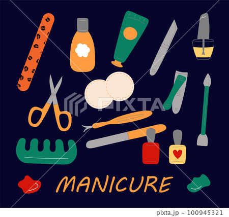 Manicure tools. Beauty salon service. Nail studio card. File or scissors. Fingernails polish. Cosmetic varnish. Moisturizing cream bottle. Manicurist equipment. Clipper and sponge. illustration 100945321