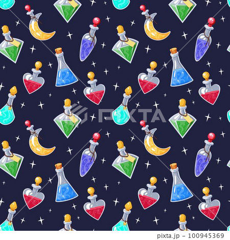 Magic potion bottles. Love elixir pattern. Halloween or holiday celebration drinks. Liquid substance. Glass flask. Chemistry poison. Wizards laboratory. Alchemy vial. Vector tidy seamless background Magic potion bottles. Love elixir pattern. Halloween or holiday celebration drinks. Liquid substance. Glass flask. Chemistry poison. Wizards laboratory. Alchemy vial. Vector tidy seamless background 100945369