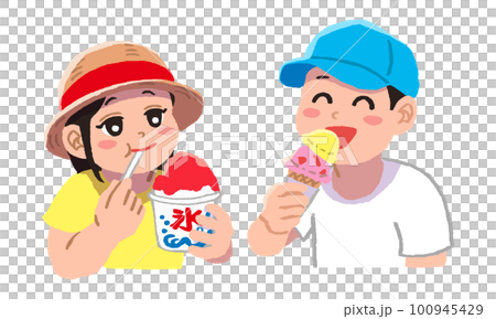 夏天吃刨冰和冰淇淋的女孩和男孩 100945429