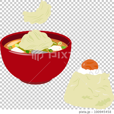 とろろ昆布を使ったおにぎりと味噌汁 とろろ昆布を使ったおにぎりと味噌汁 100945458